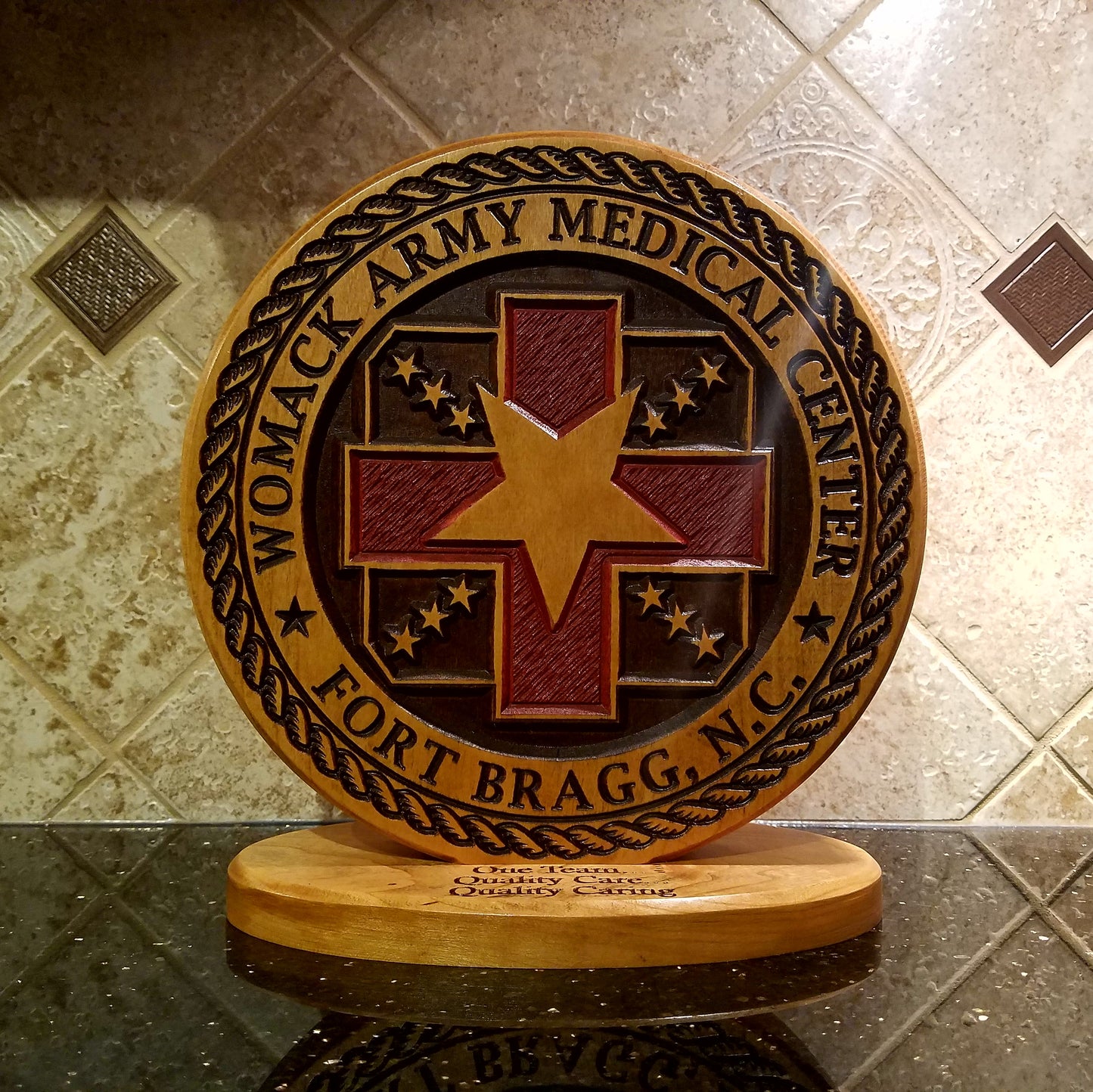 Custom solid wood gift with Womack Army Medical Center logo, double-sided.