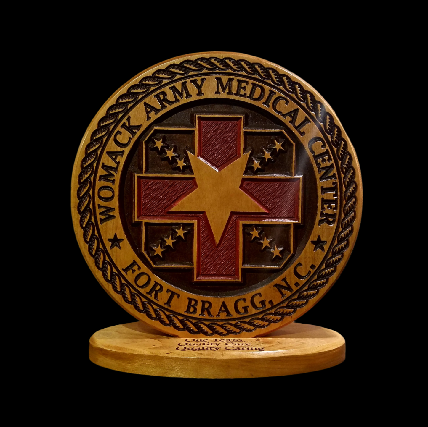 Custom solid wood gift with Womack Army Medical Center logo, double-sided.