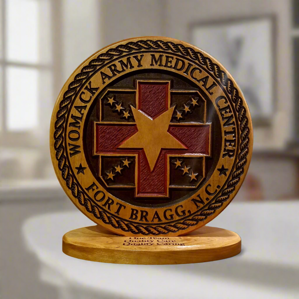 Custom solid wood gift with Womack Army Medical Center logo, double-sided.