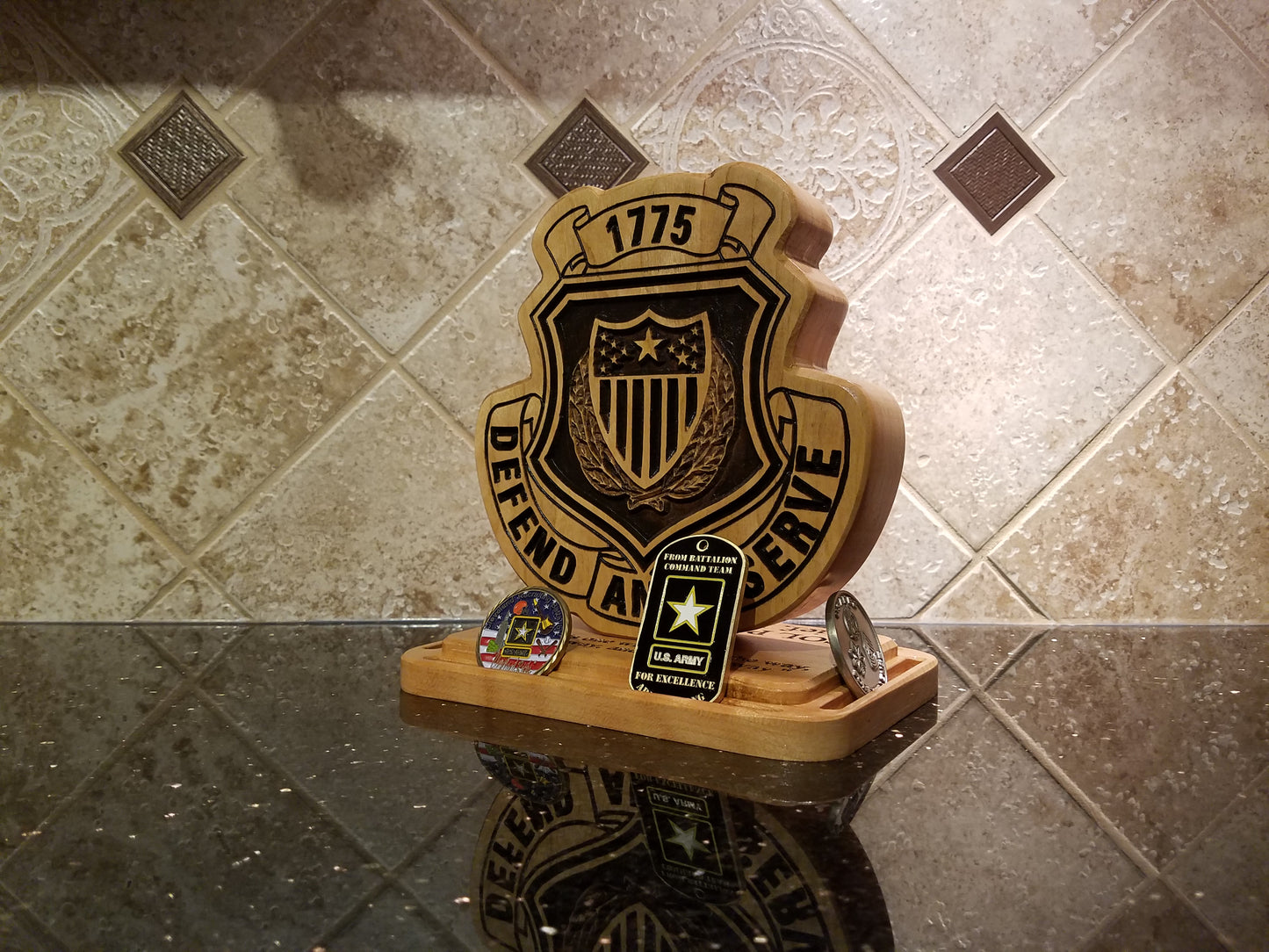 Custom solid wood gift with Army Adjutant General Corps Brigade logo, double-sided.