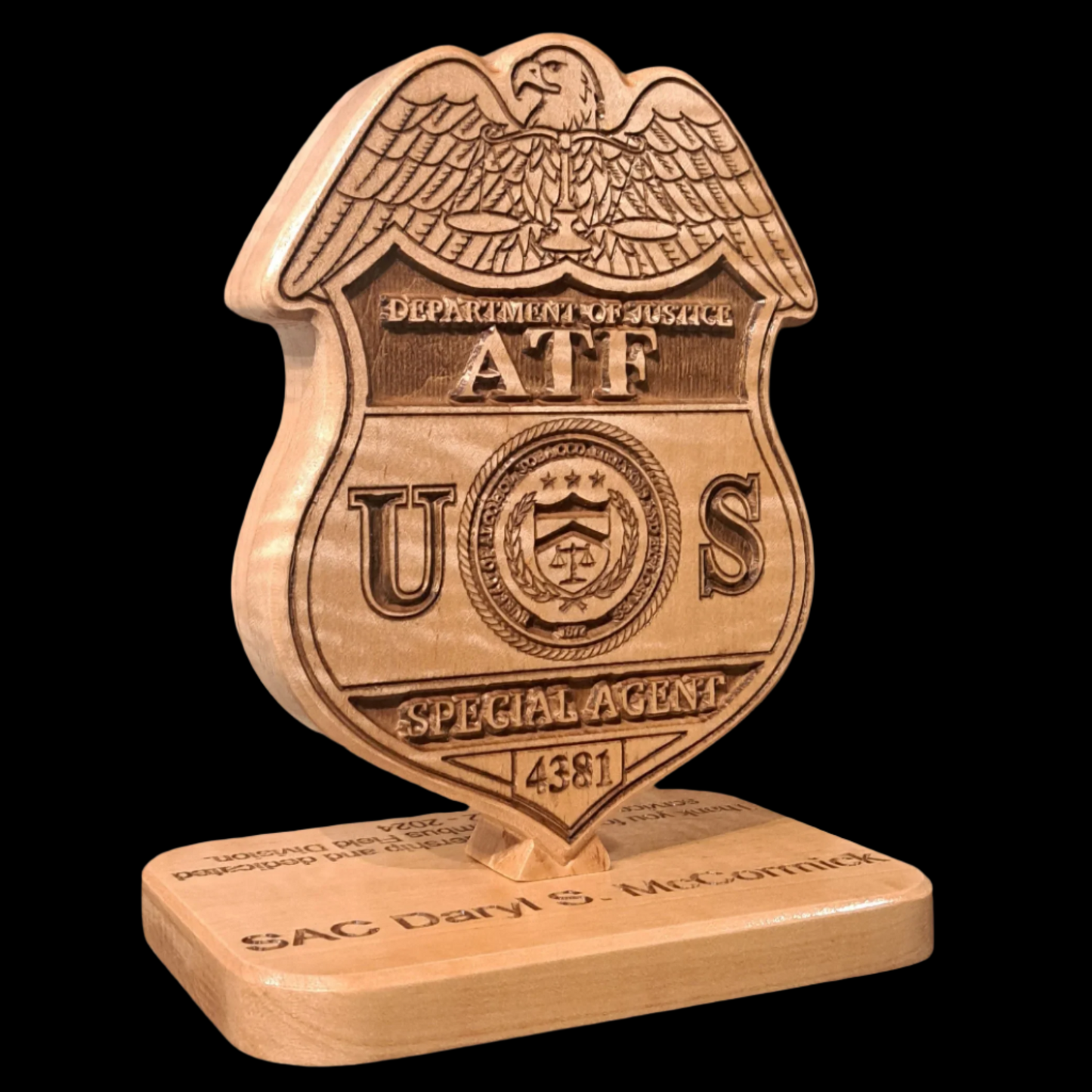 Bureau of Alcohol, Tobacco, Firearms and Explosives (ATF) Desk Carving / PCS / Retirement Gift