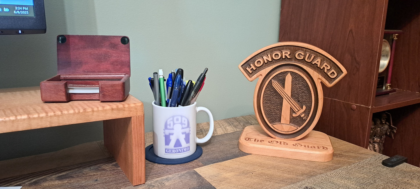 Custom solid wood gift with 3d Infantry Regiment, The Old Guard logo, double-sided.
