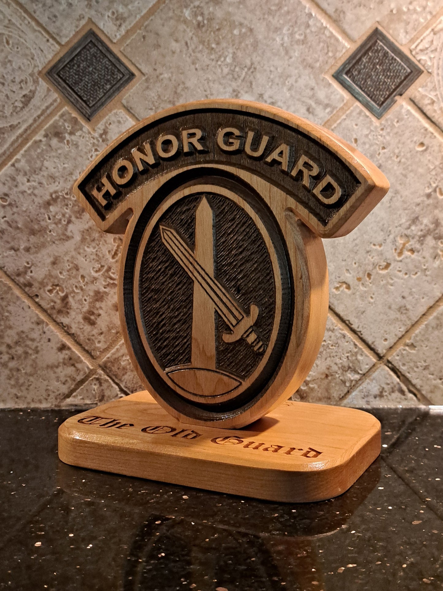 Custom solid wood gift with 3d Infantry Regiment, The Old Guard logo, double-sided.
