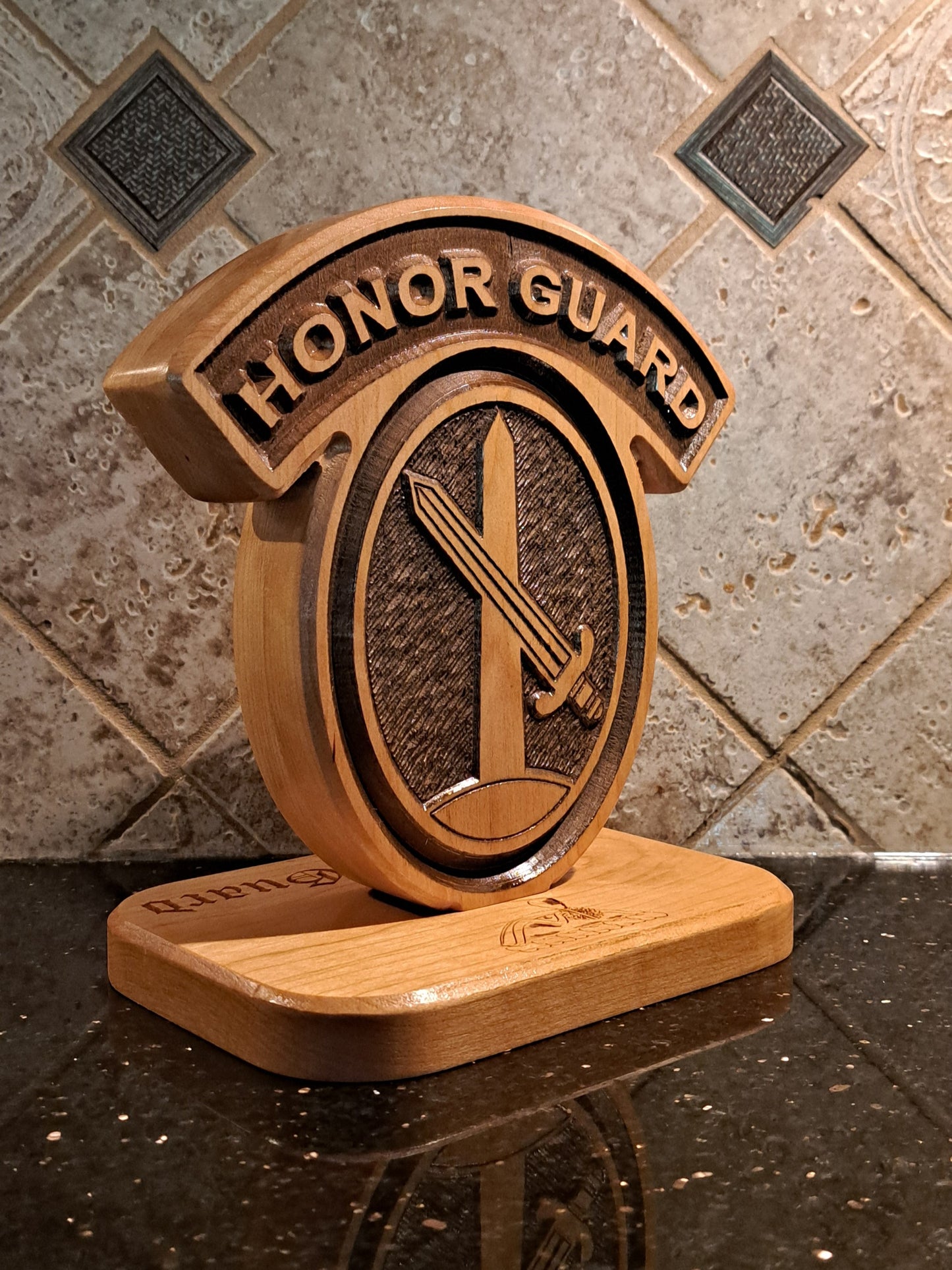 Custom solid wood gift with 3d Infantry Regiment, The Old Guard logo, double-sided.