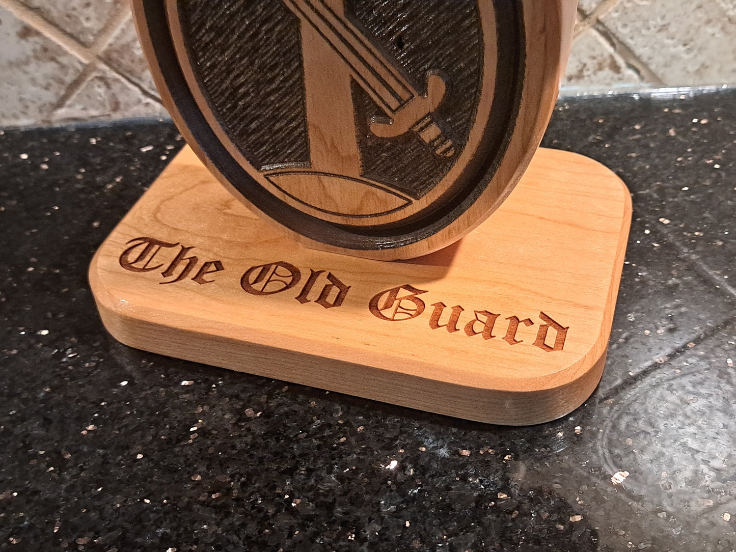Custom solid wood gift with 3d Infantry Regiment, The Old Guard logo, double-sided.