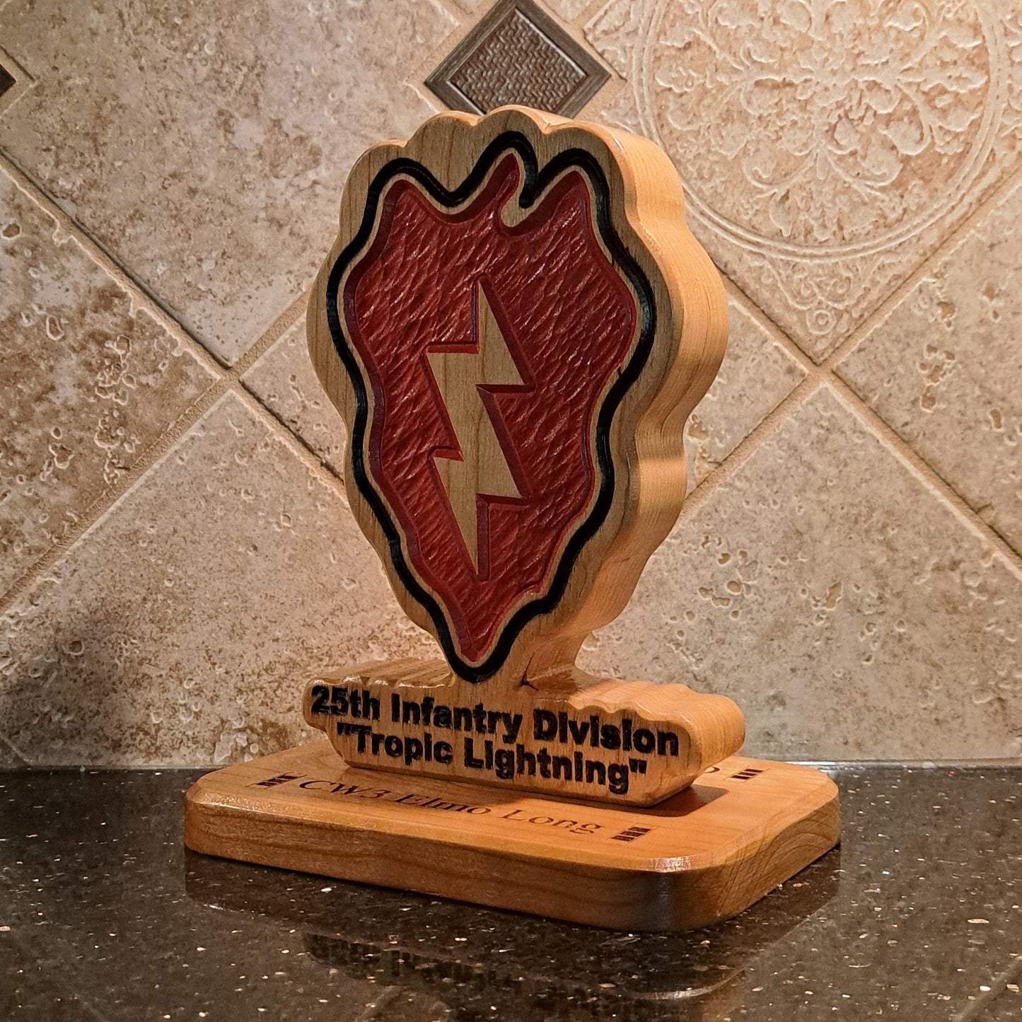 Custom solid wood gift with 25th Infantry Division logo, double-sided.