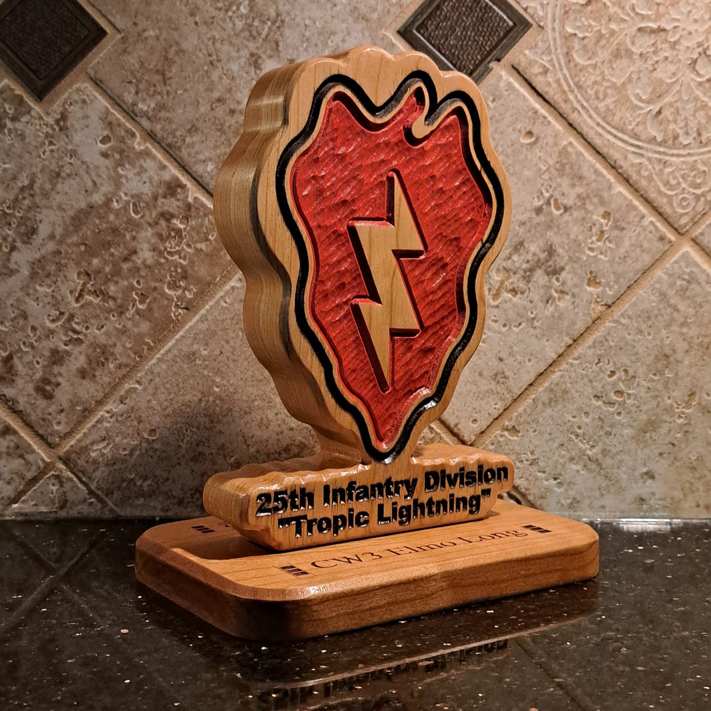 Custom solid wood gift with 25th Infantry Division logo, double-sided.