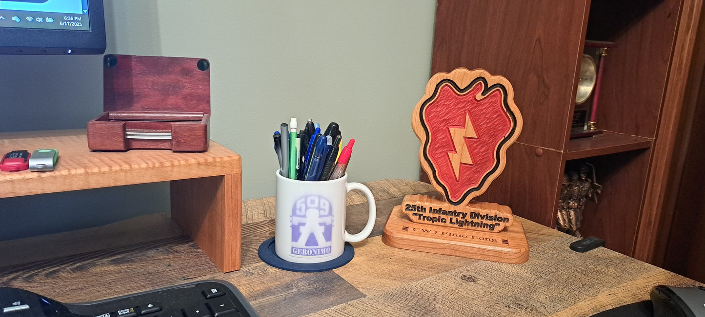 Custom solid wood gift with 25th Infantry Division logo, double-sided.