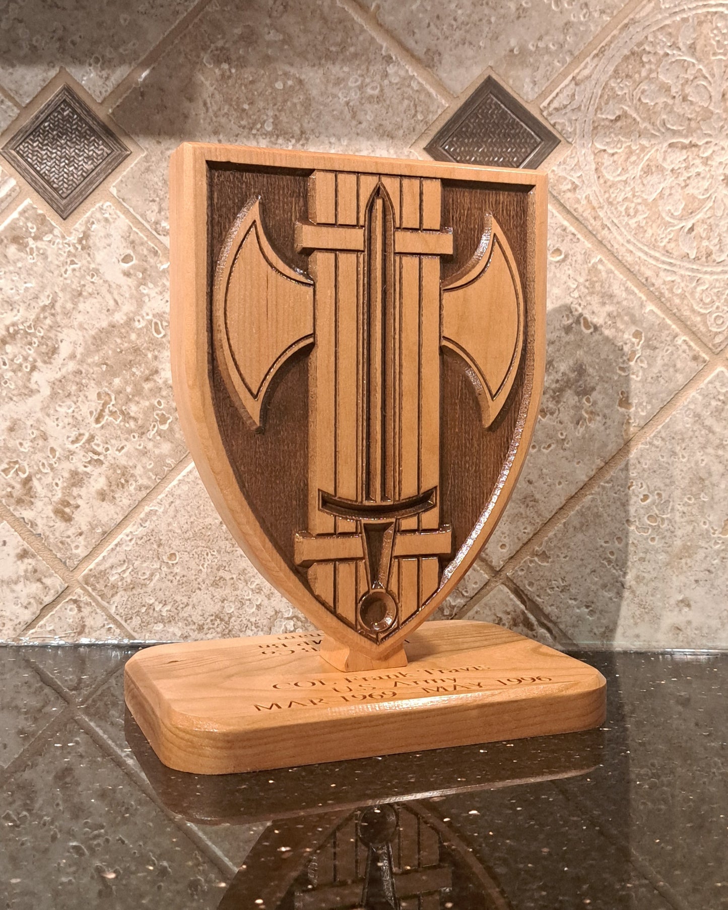 Custom solid wood gift with 18th Military Police MP Brigade logo, double-sided.