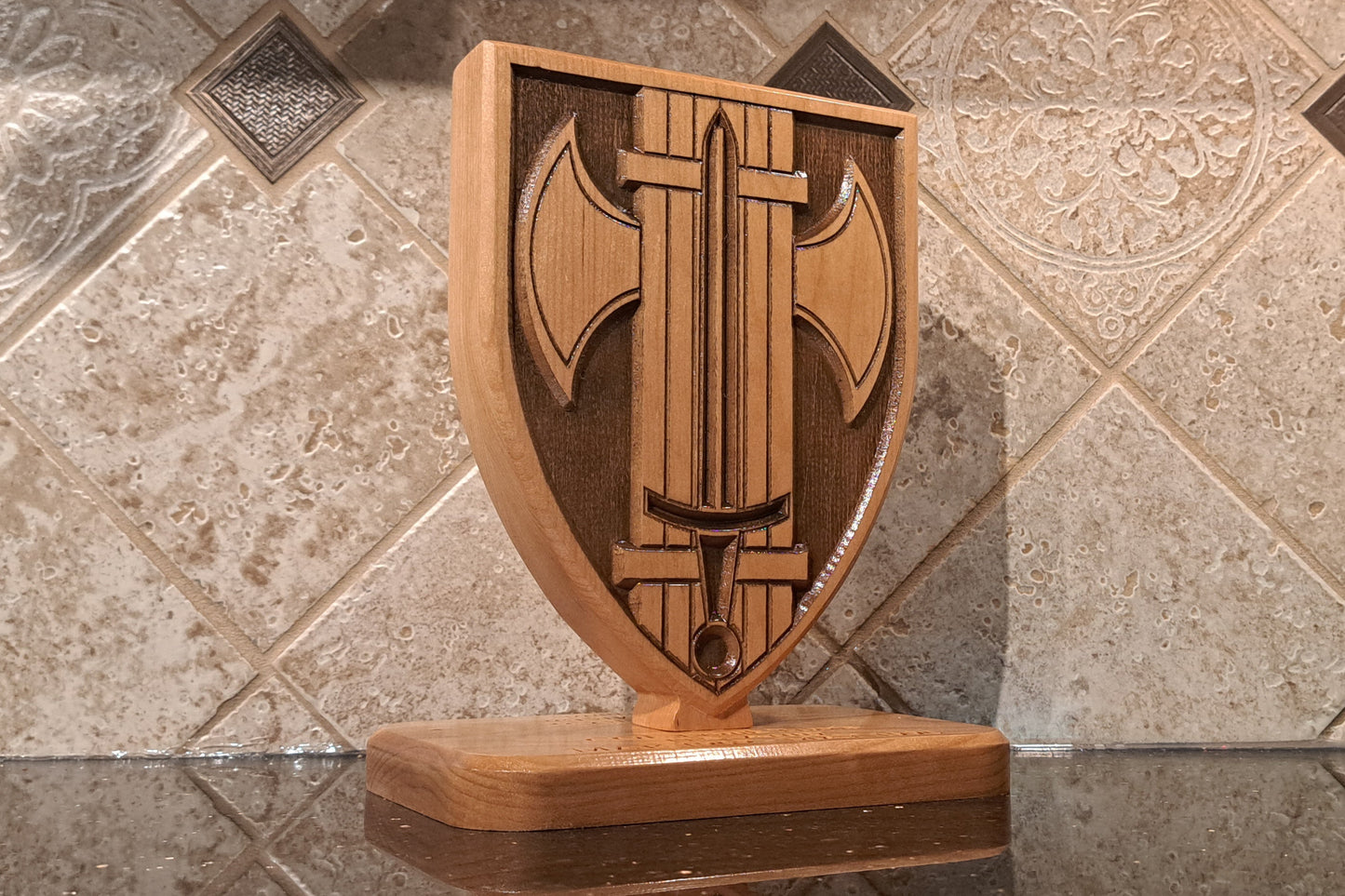Custom solid wood gift with 18th Military Police MP Brigade logo, double-sided.