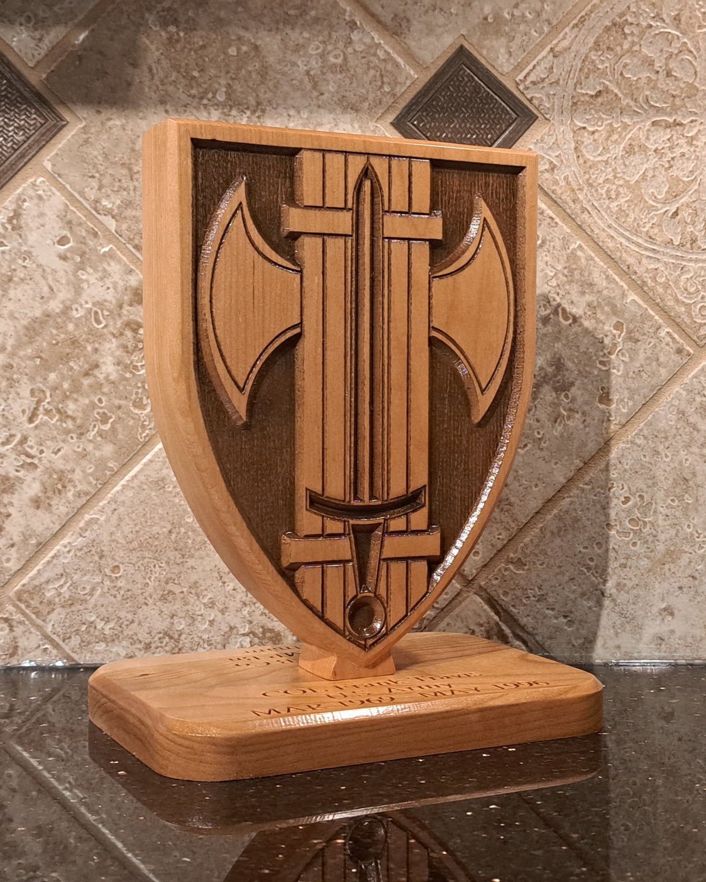Custom solid wood gift with 18th Military Police MP Brigade logo, double-sided.