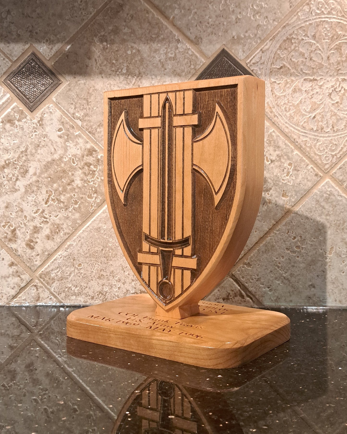 Custom solid wood gift with 18th Military Police MP Brigade logo, double-sided.