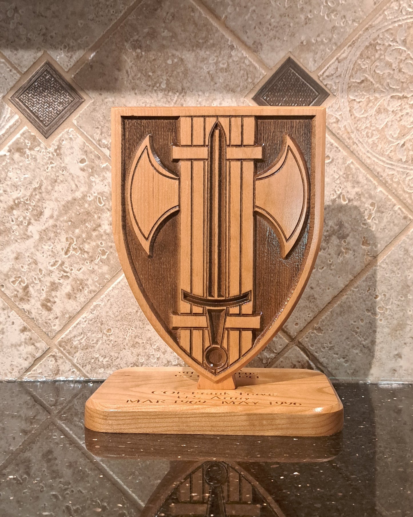 Custom solid wood gift with 18th Military Police MP Brigade logo, double-sided.
