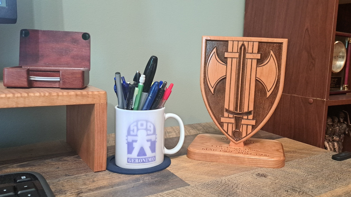 Custom solid wood gift with 18th Military Police MP Brigade logo, double-sided.