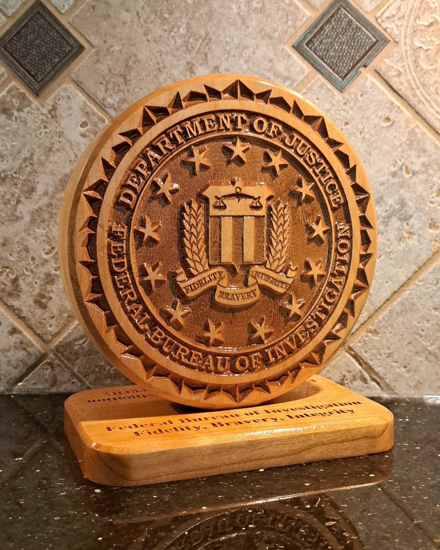 Custom solid wood gift with Federal Bureau of Investigation FBI logo, double-sided.