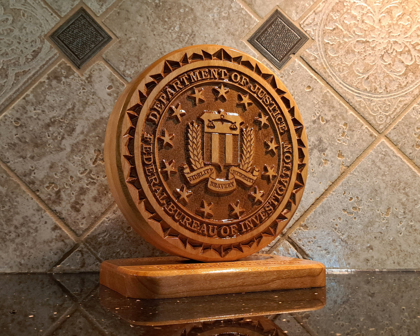 Custom solid wood gift with Federal Bureau of Investigation FBI logo, double-sided.