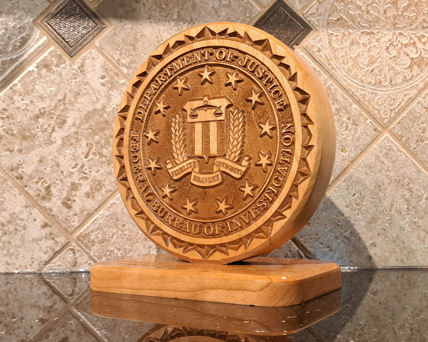Custom solid wood gift with Federal Bureau of Investigation FBI logo, double-sided.