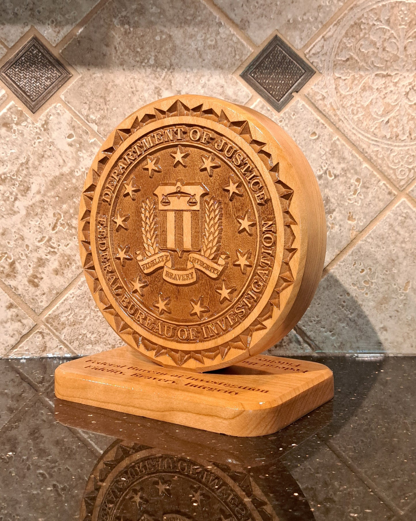 Custom solid wood gift with Federal Bureau of Investigation FBI logo, double-sided.