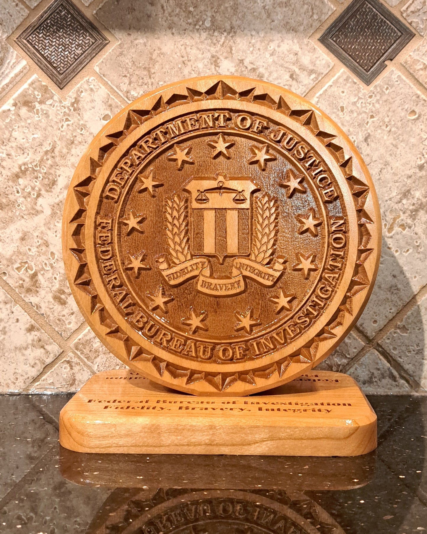 Custom solid wood gift with Federal Bureau of Investigation FBI logo, double-sided.