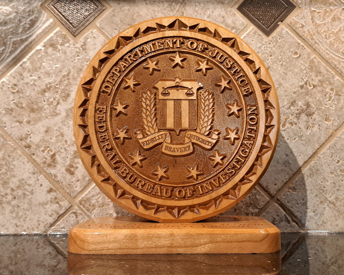 Custom solid wood gift with Federal Bureau of Investigation FBI logo, double-sided.