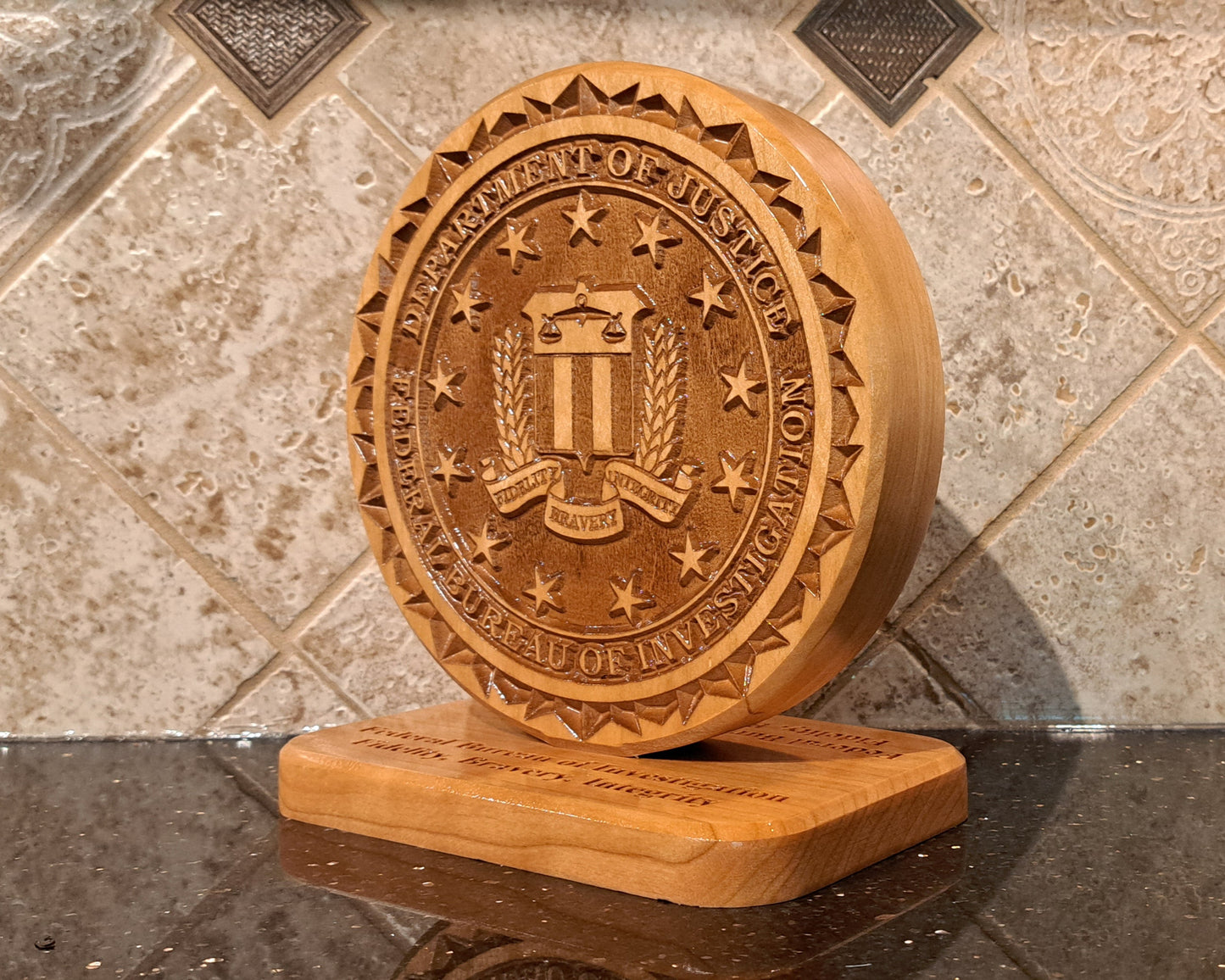 Custom solid wood gift with Federal Bureau of Investigation FBI logo, double-sided.