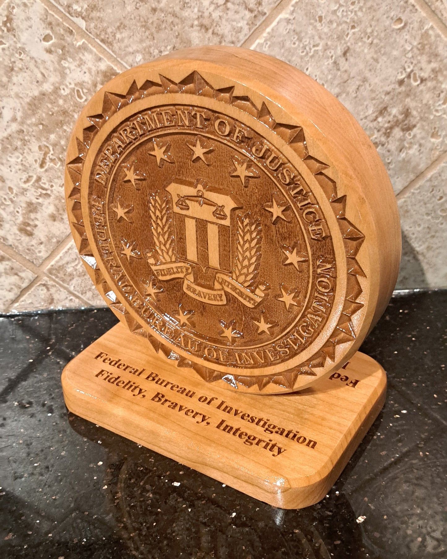 Custom solid wood gift with Federal Bureau of Investigation FBI logo, double-sided.