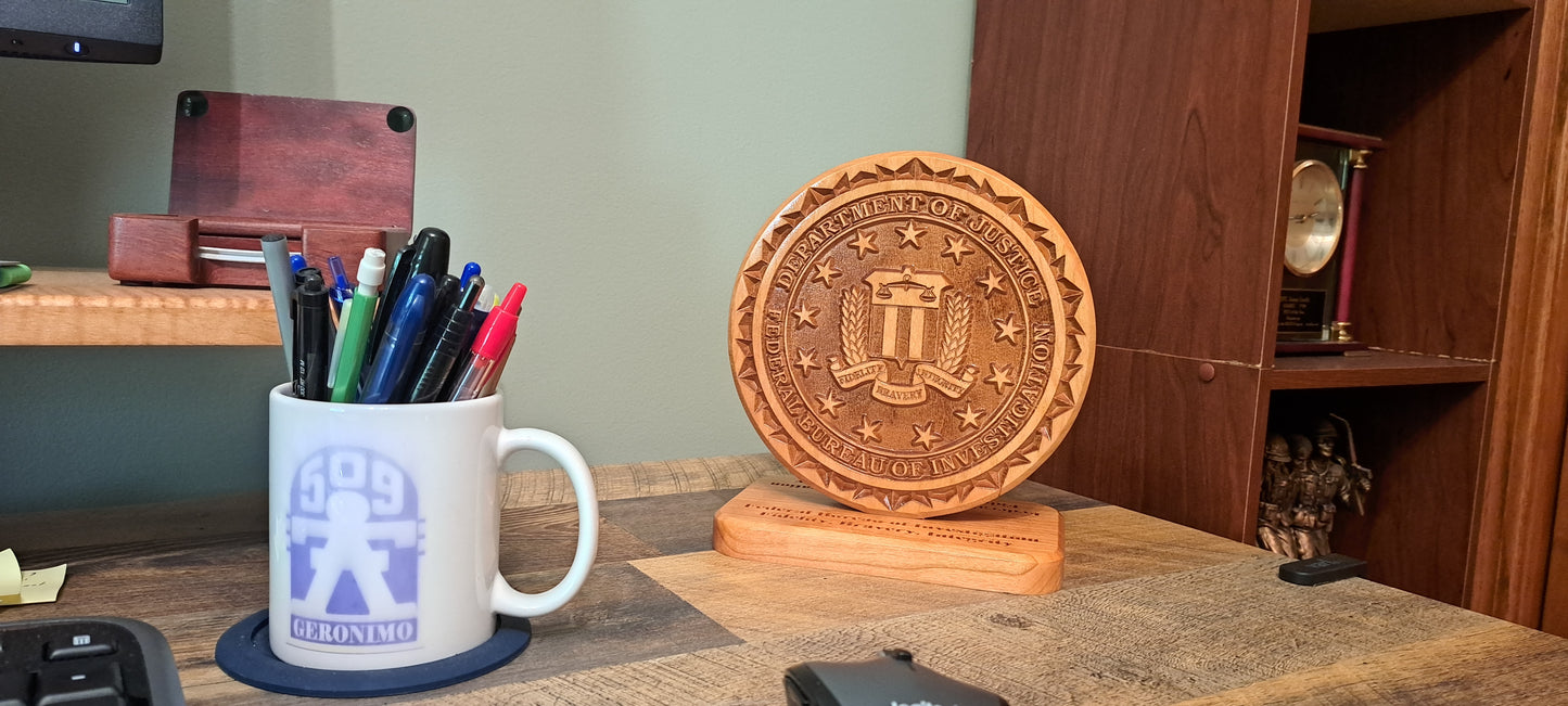 Custom solid wood gift with Federal Bureau of Investigation FBI logo, double-sided.