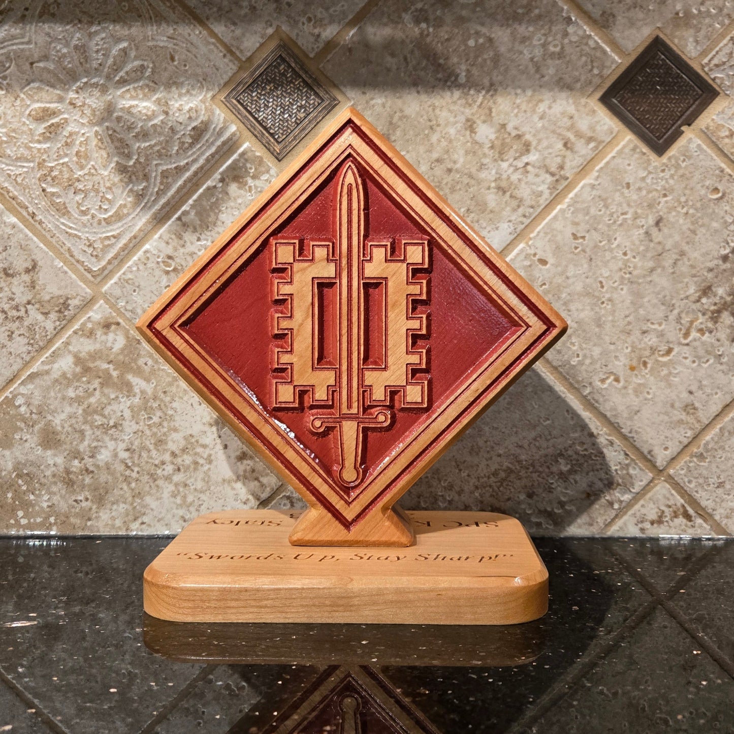 Custom solid wood gift with 18th Engineer Brigade logo, double-sided.