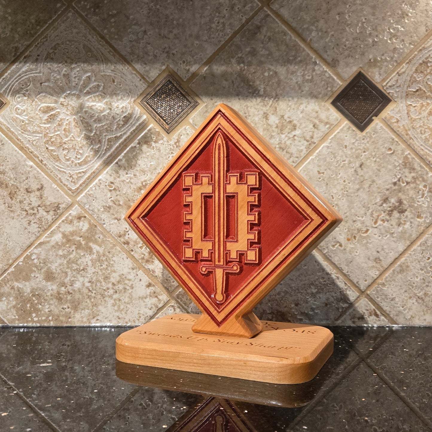 Custom solid wood gift with 18th Engineer Brigade logo, double-sided.