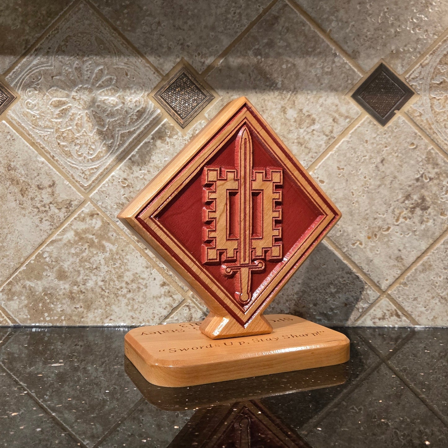Custom solid wood gift with 18th Engineer Brigade logo, double-sided.