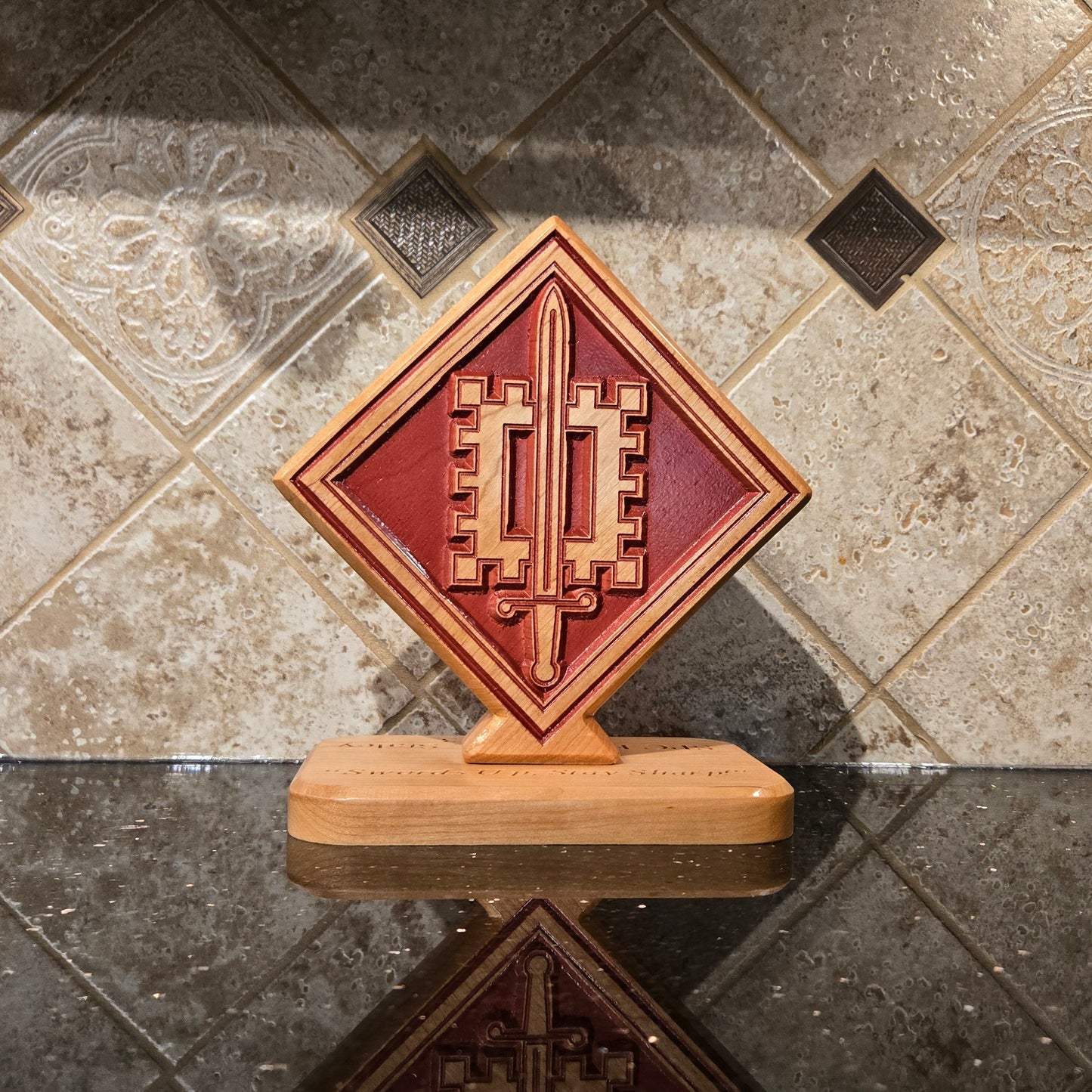 Custom solid wood gift with 18th Engineer Brigade logo, double-sided.