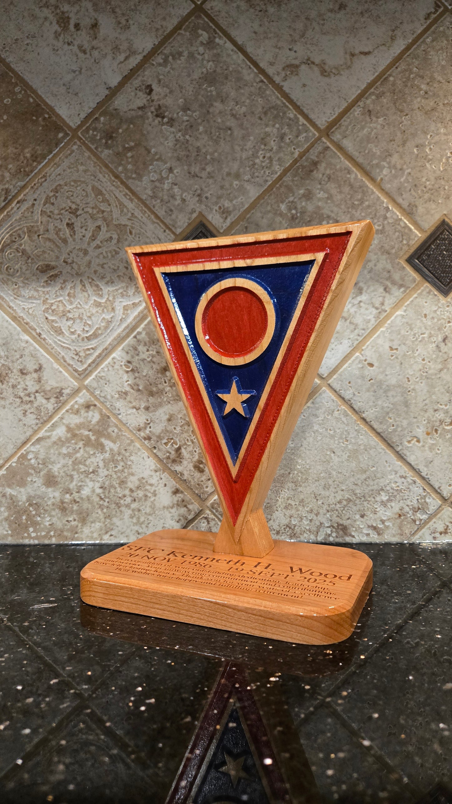 Custom solid wood gift with 73rd Troop Command logo, double-sided.