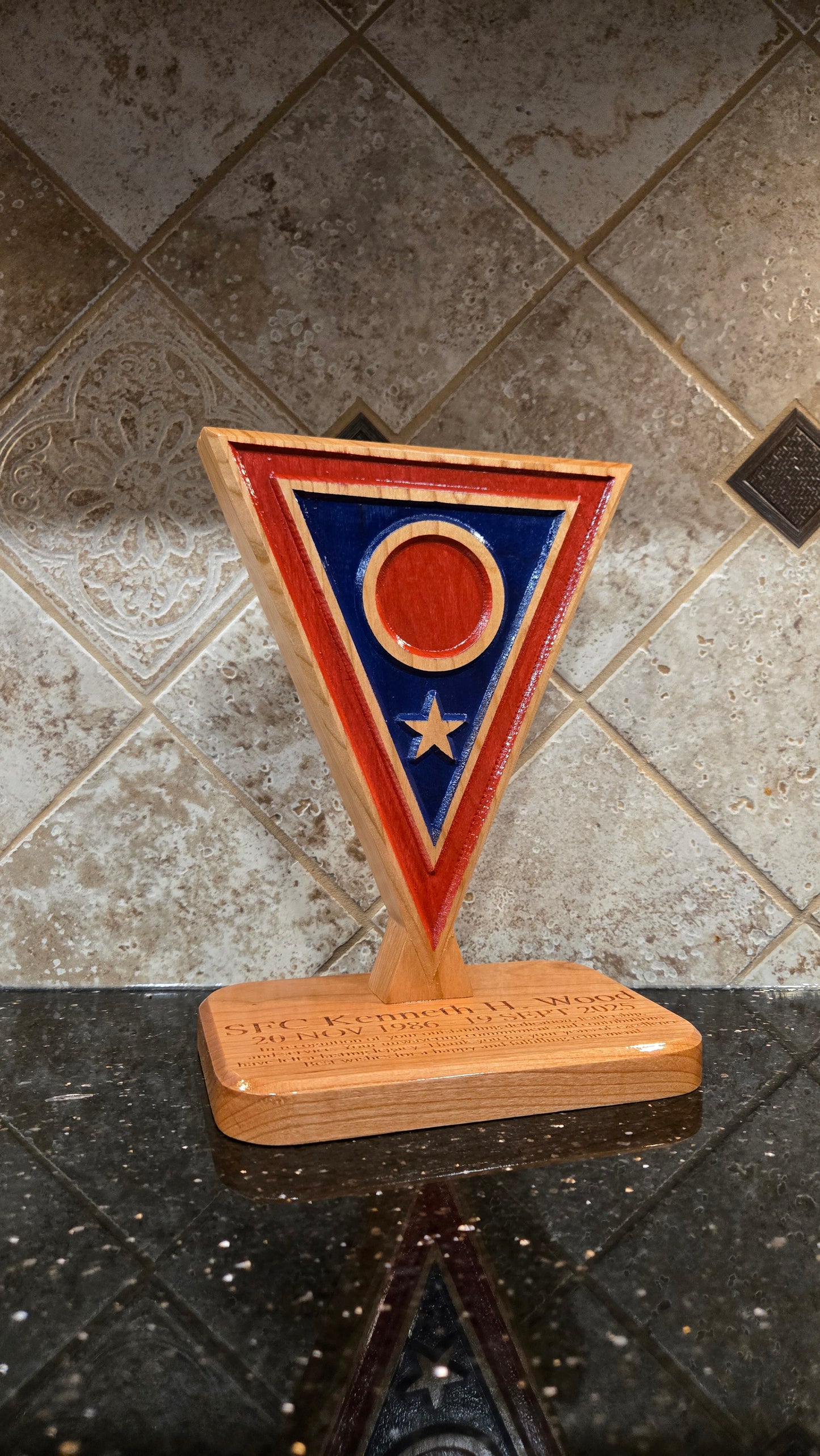 Custom solid wood gift with 73rd Troop Command logo, double-sided.