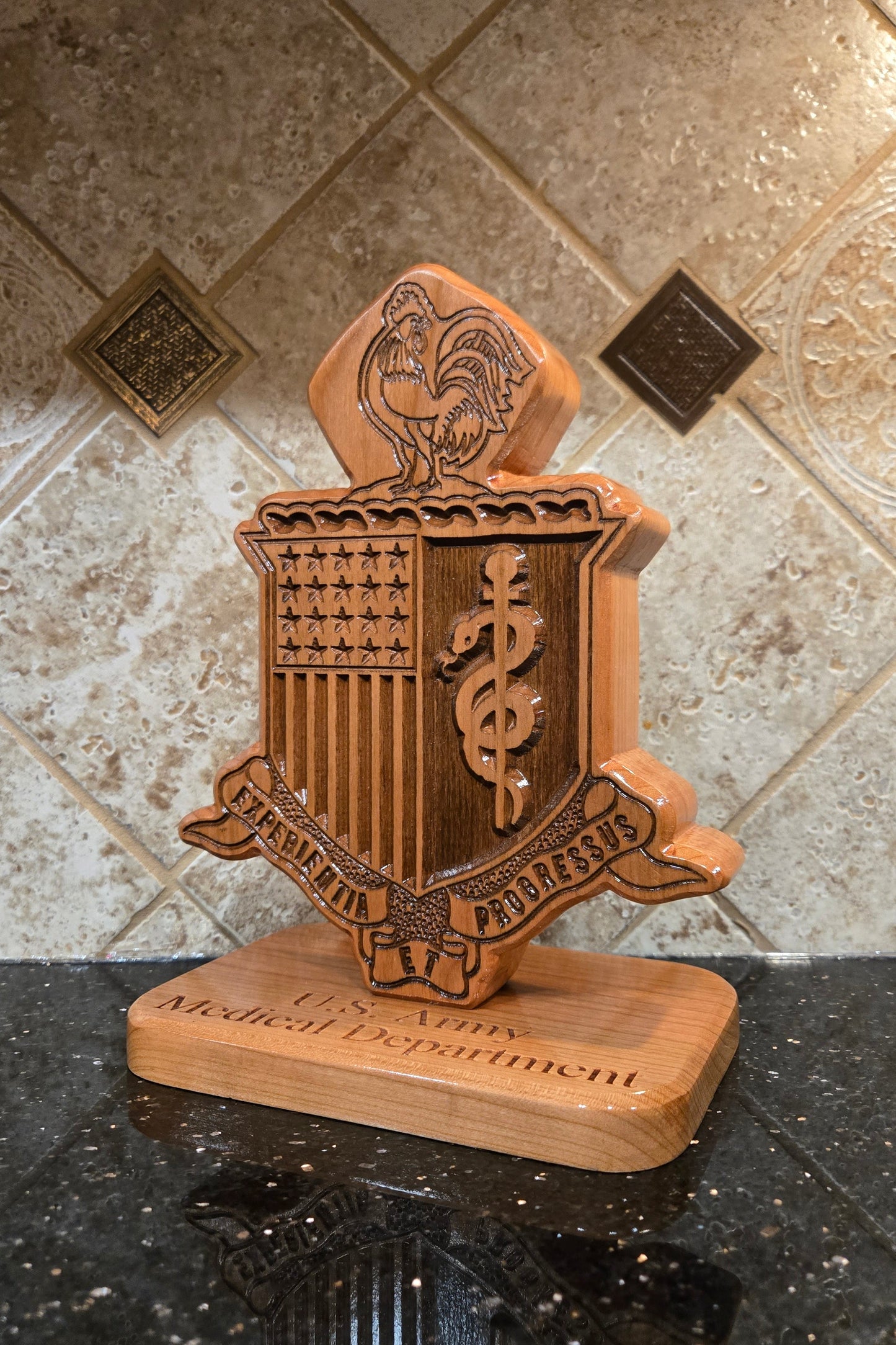 Custom solid wood gift with Army Medical Department AMEDD logo, double-sided.
