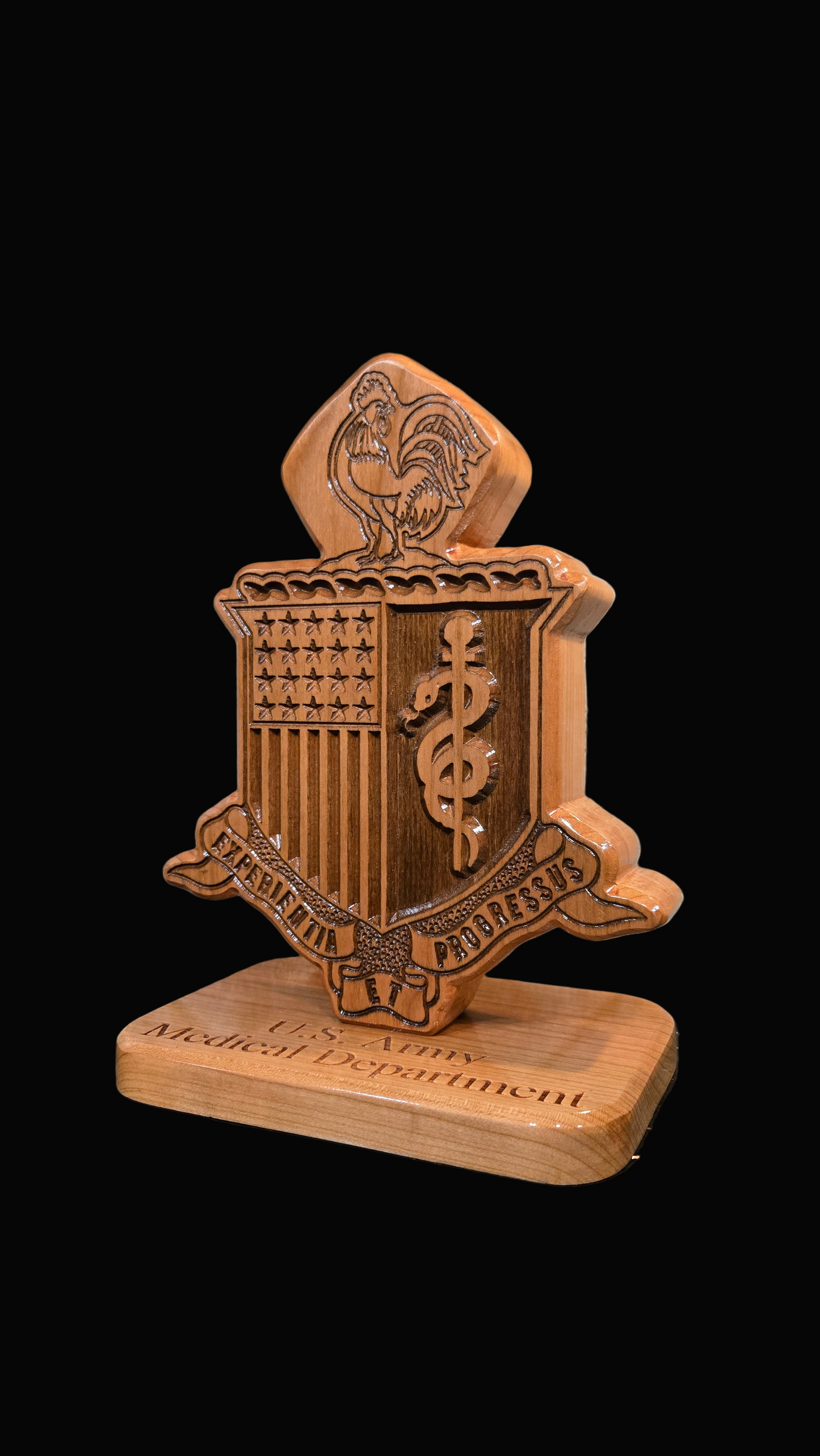 Custom solid wood gift with Army Medical Department AMEDD logo, double-sided.