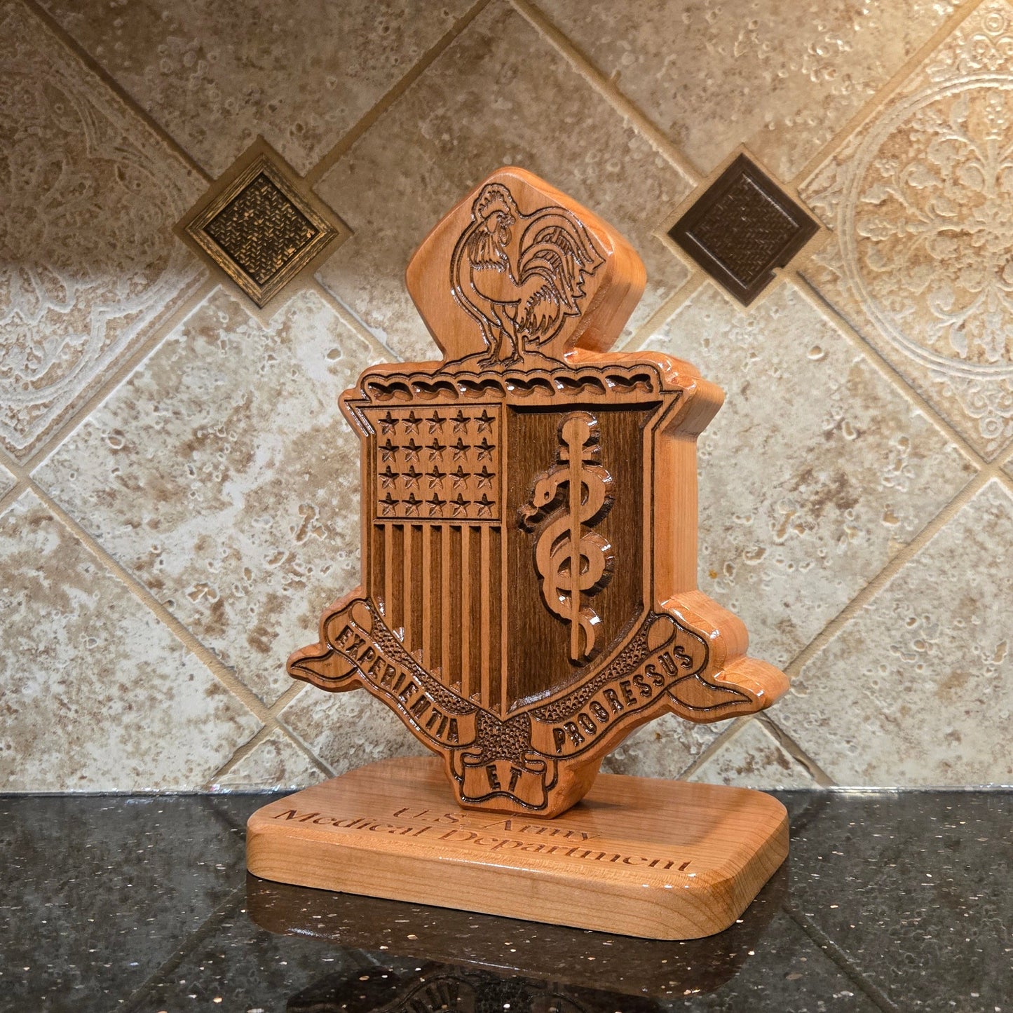 Custom solid wood gift with Army Medical Department AMEDD logo, double-sided.