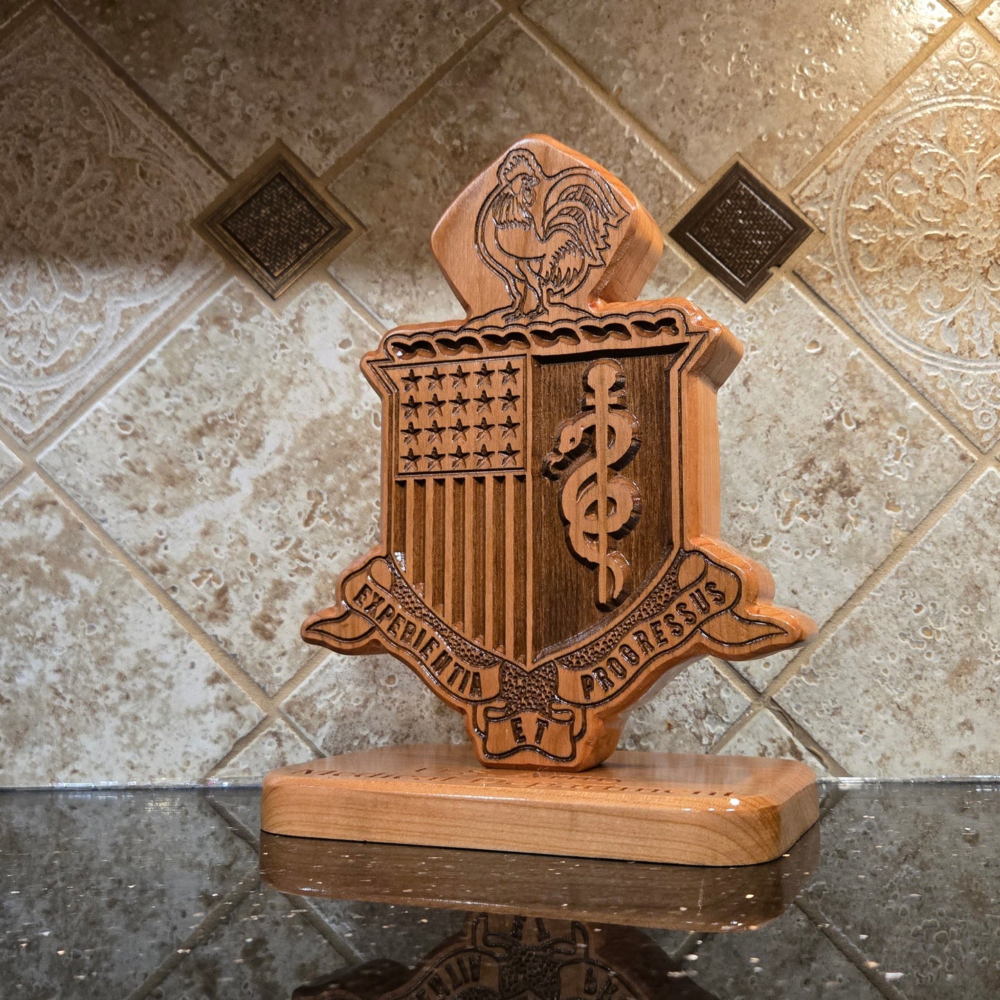 Custom solid wood gift with Army Medical Department AMEDD logo, double-sided.