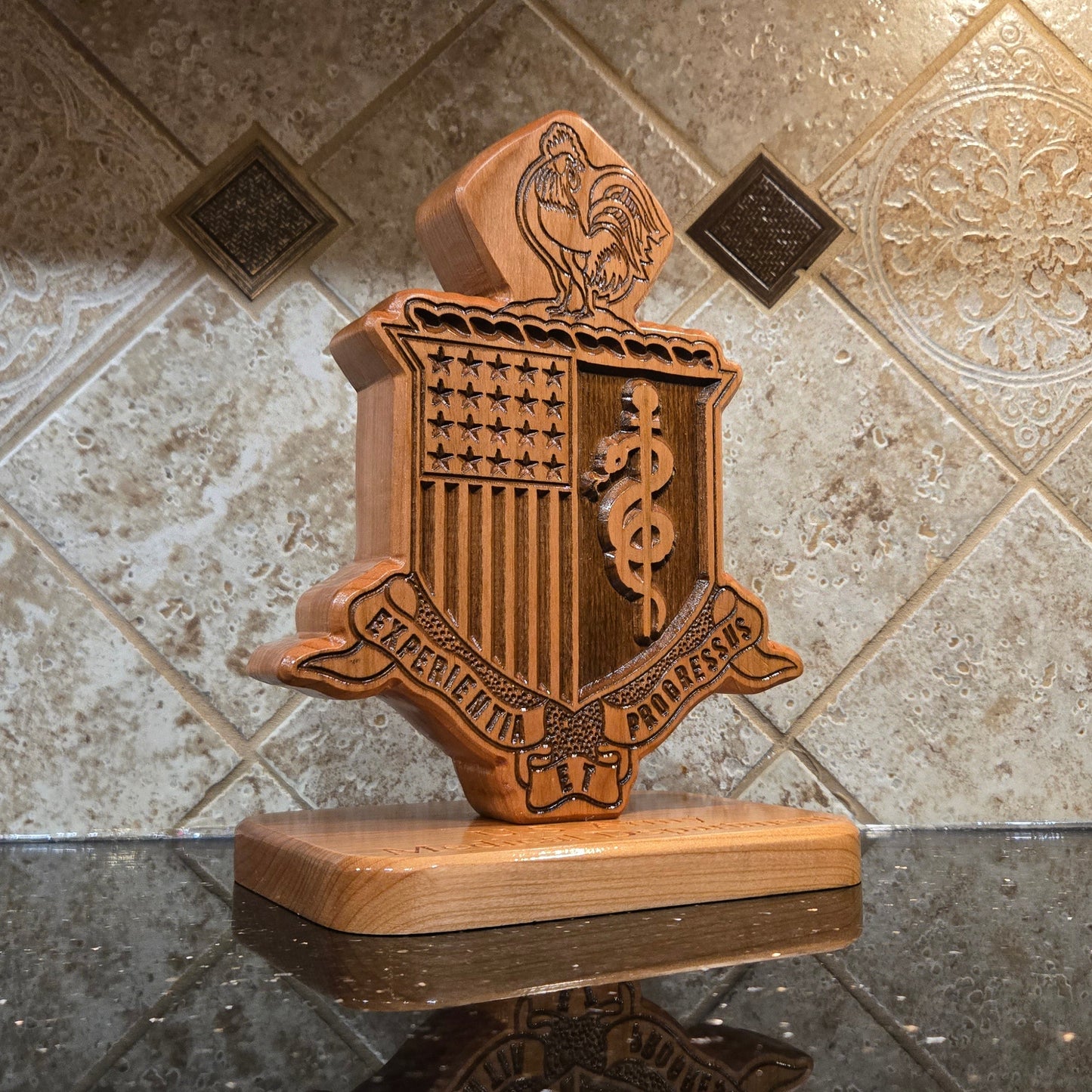 Custom solid wood gift with Army Medical Department AMEDD logo, double-sided.