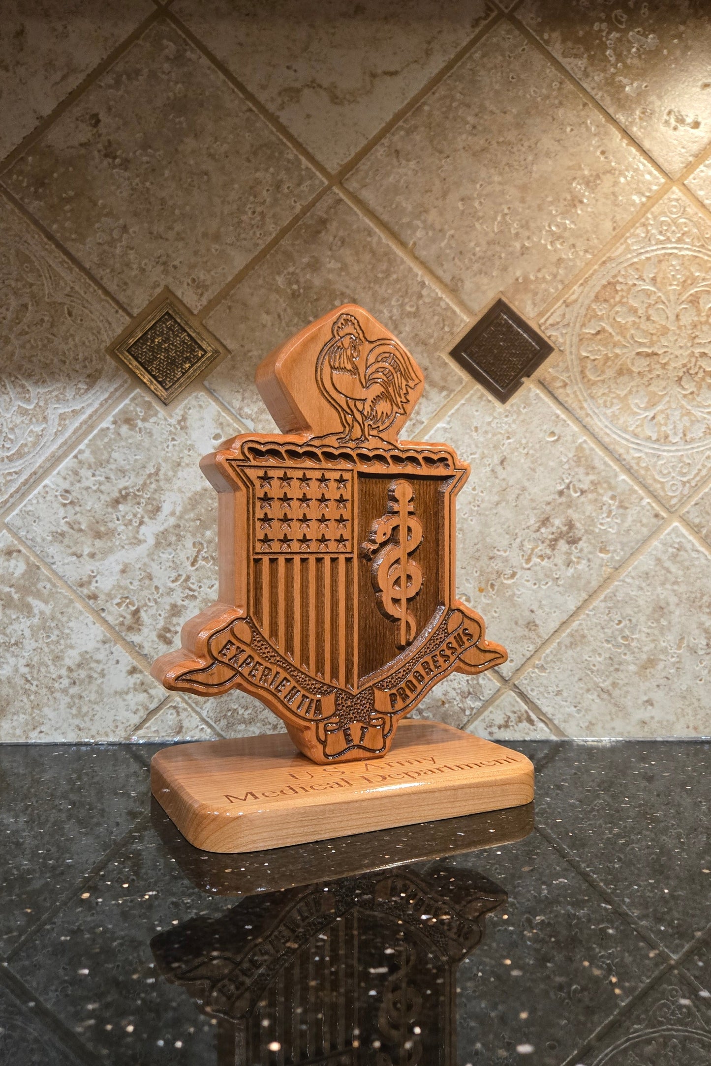 Custom solid wood gift with Army Medical Department AMEDD logo, double-sided.