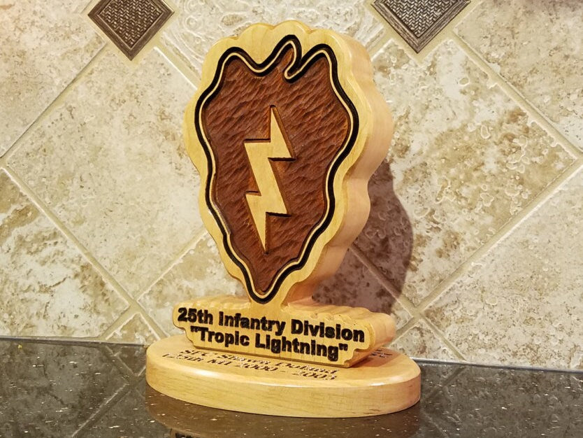 Custom solid wood gift with 25th Infantry Division logo, double-sided.