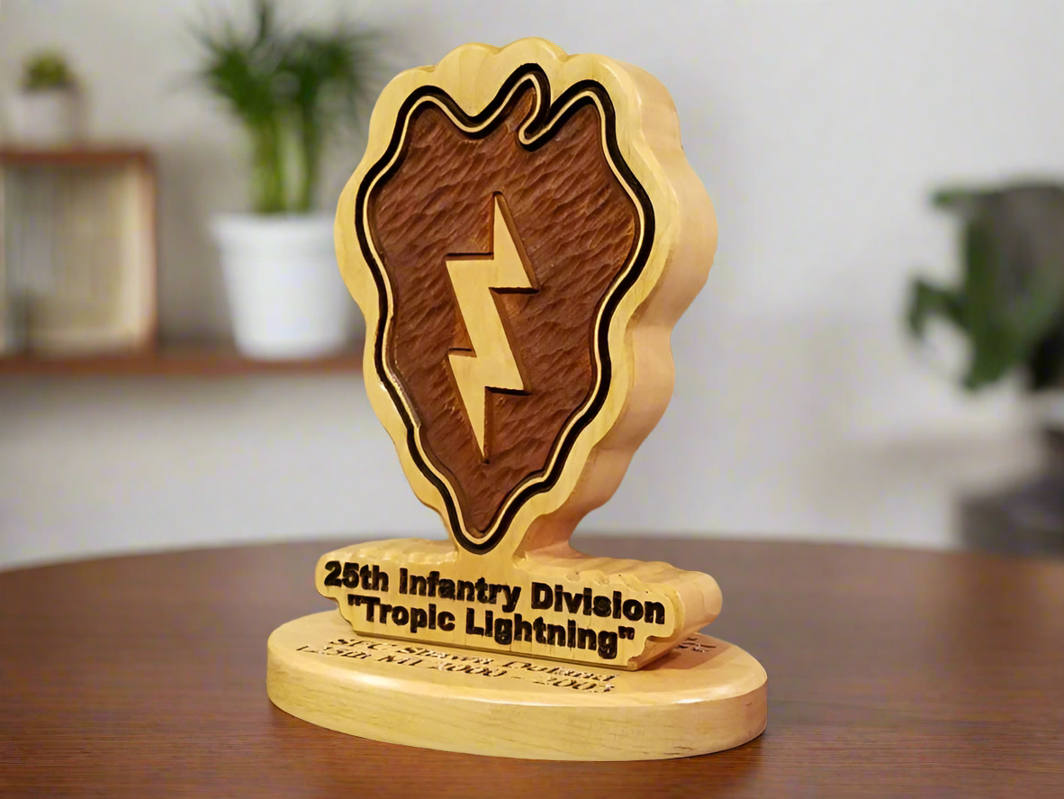 Custom solid wood gift with 25th Infantry Division logo, double-sided.