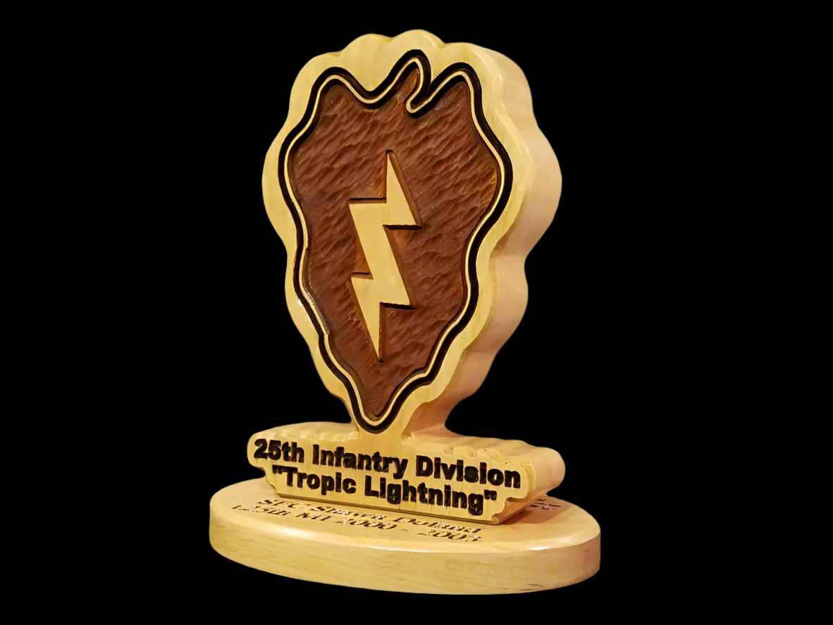 Custom solid wood gift with 25th Infantry Division logo, double-sided.