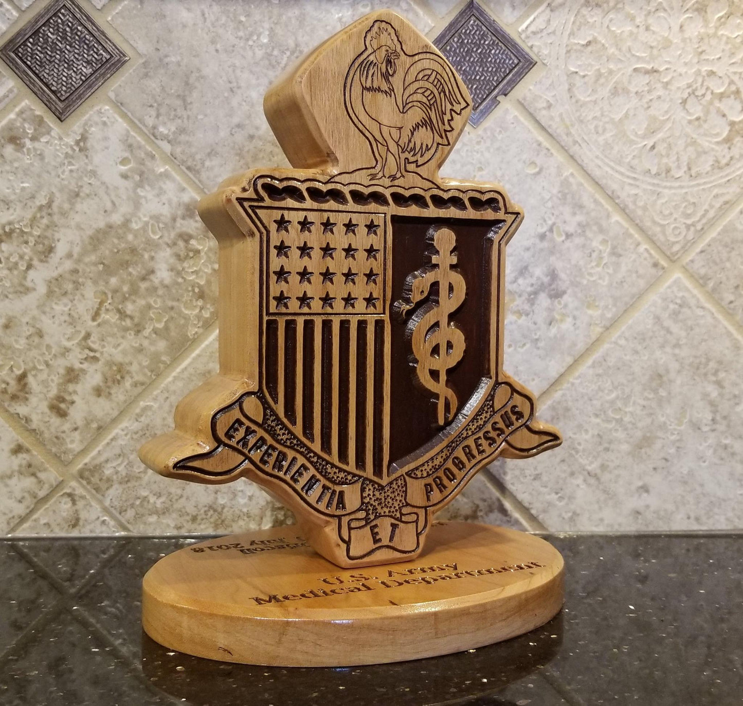 Custom solid wood gift with Army Medical Department AMEDD logo, double-sided.