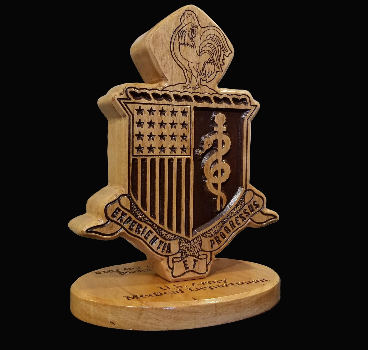 Custom solid wood gift with Army Medical Department AMEDD logo, double-sided.