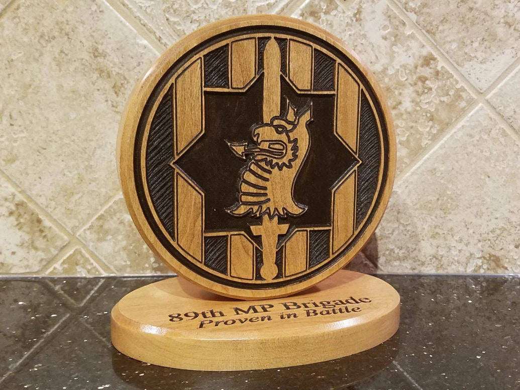 Custom solid wood gift with 89th Military Police MP Brigade logo, double-sided.
