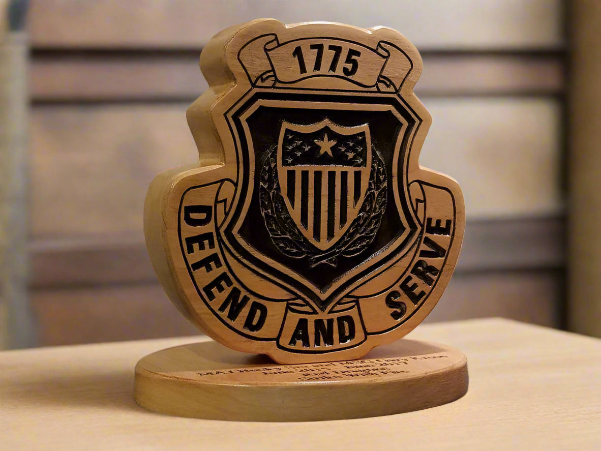 Custom solid wood gift with Army Adjutant General Corps Brigade logo, double-sided.