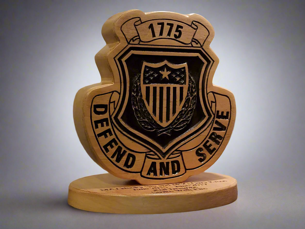 Custom solid wood gift with Army Adjutant General Corps Brigade logo, double-sided.