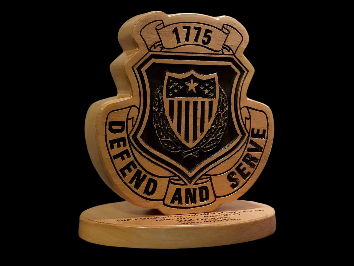 Custom solid wood gift with Army Adjutant General Corps Brigade logo, double-sided.