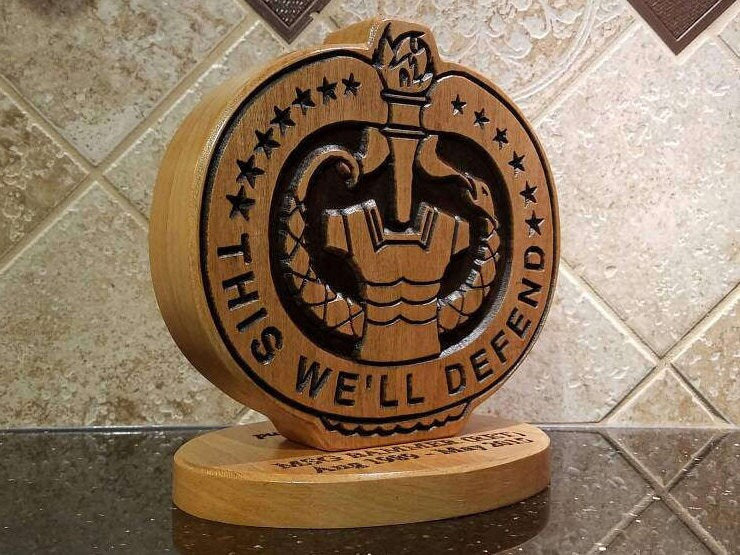 Custom solid wood gift with Army Drill Sergeant badge, double-sided.