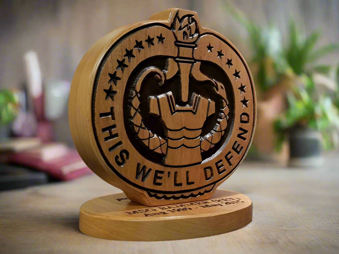 Custom solid wood gift with Army Drill Sergeant badge, double-sided.